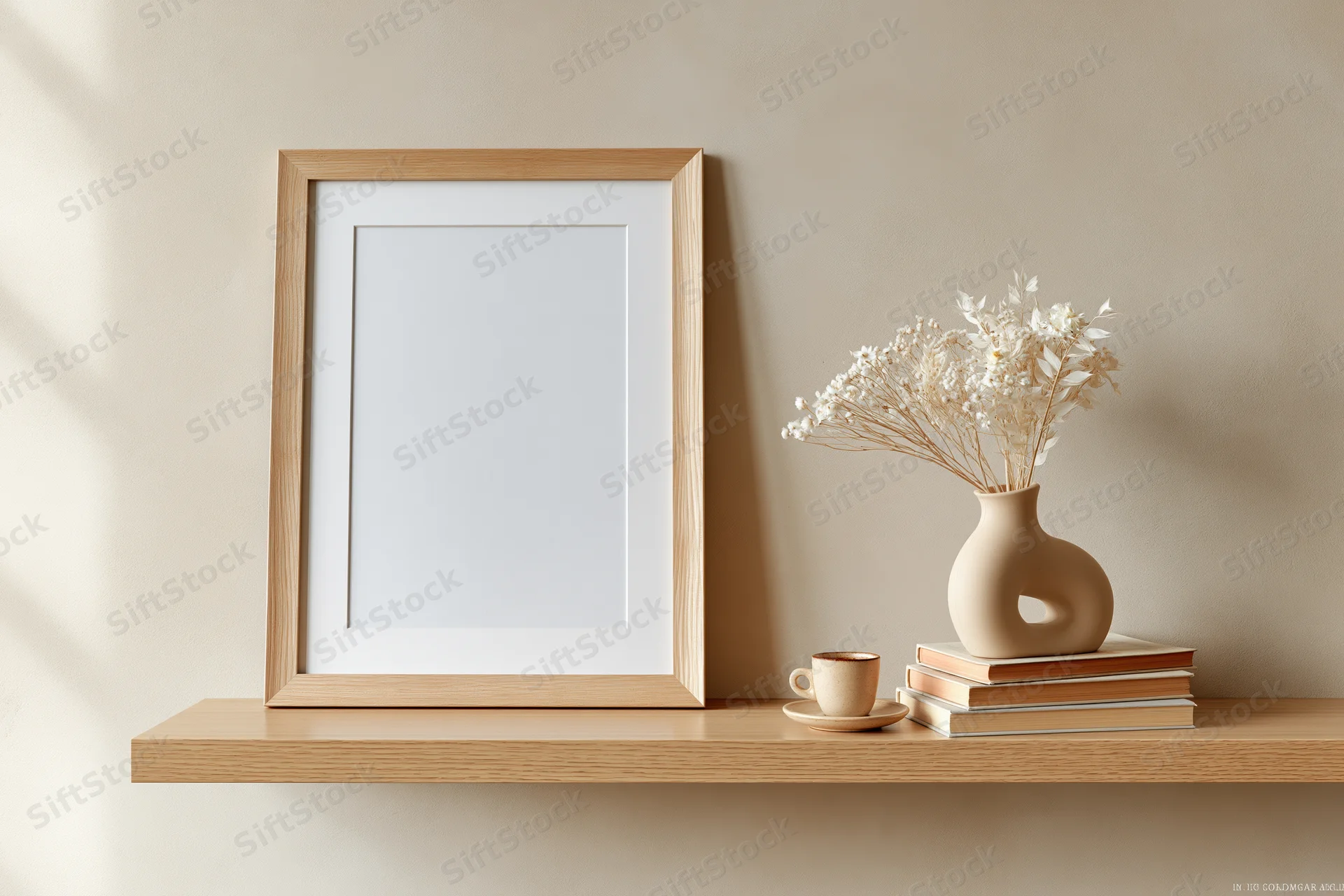Empty wooden frame with white mat leaning on a shelf beside a vase of dried flowers, books and a cup