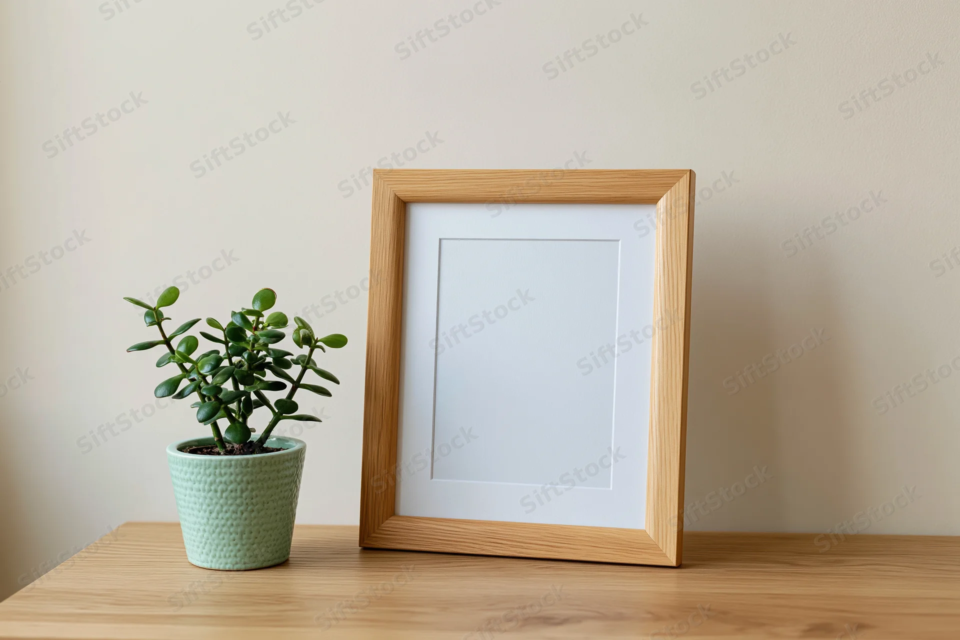 Empty wooden picture frame with white mat standing on a desk beside a potted succulent plant