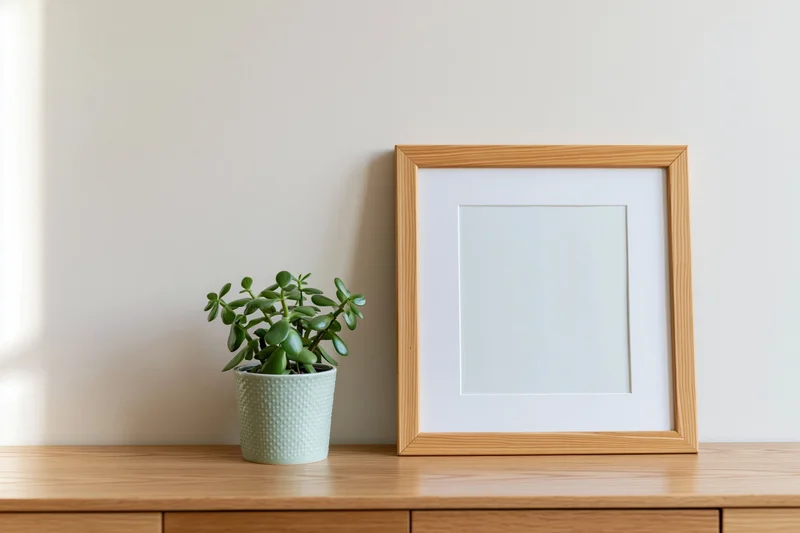 Empty wooden picture frame with white mat standing on a wooden shelf beside a potted jade succulent