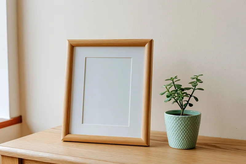Empty wooden picture frame with white mat standing on a wooden tabletop beside a potted succulent
