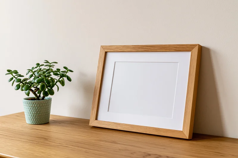 Empty wooden picture frame with white mat standing on a wooden desk beside a potted jade plant