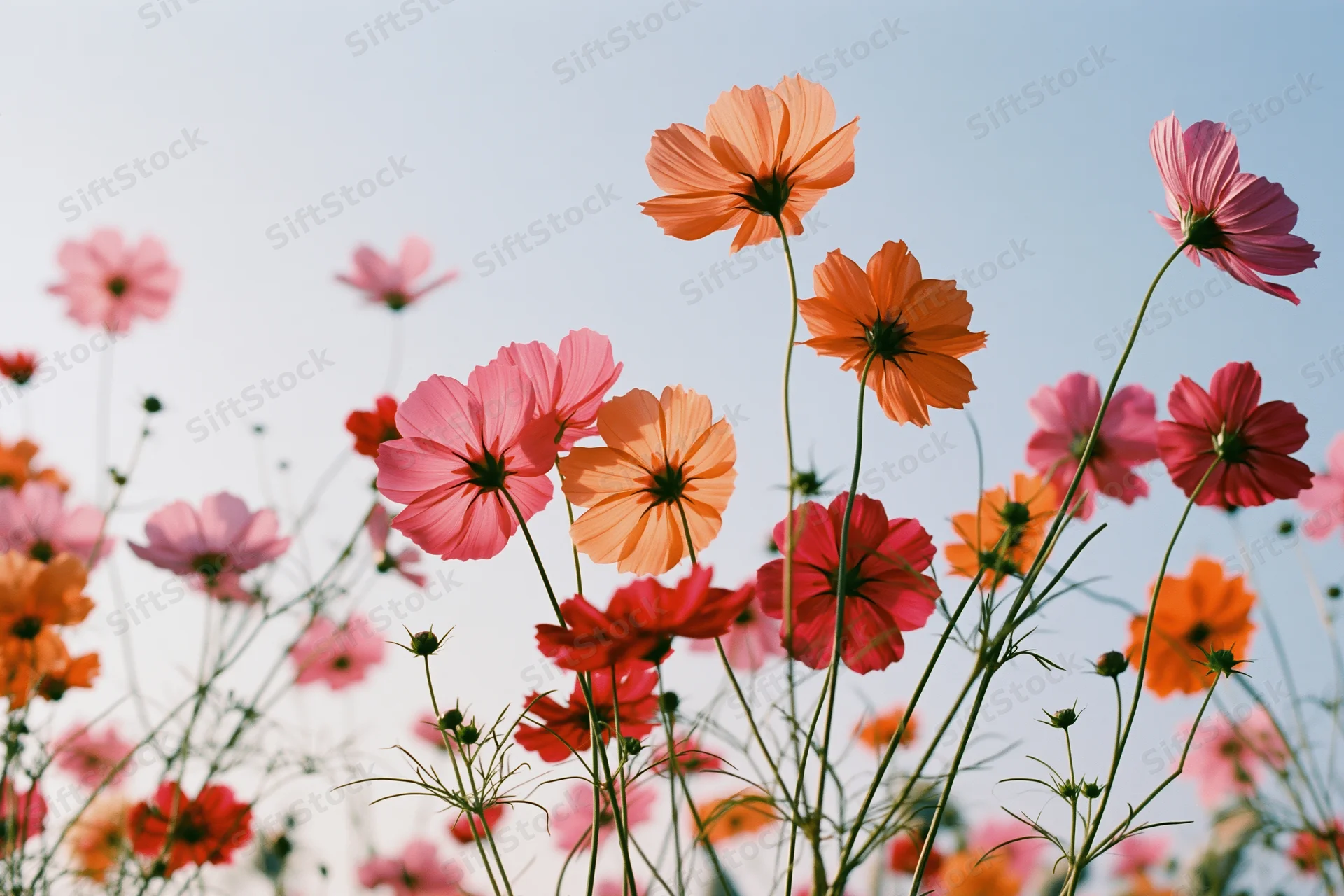 Cosmos flowers blooming in a field under a clear sky