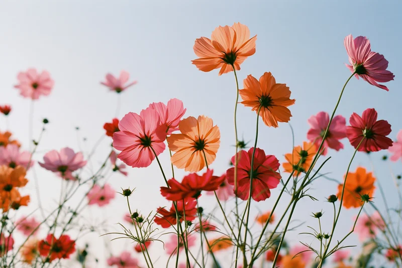 Cosmos flowers blooming in a field under a clear sky