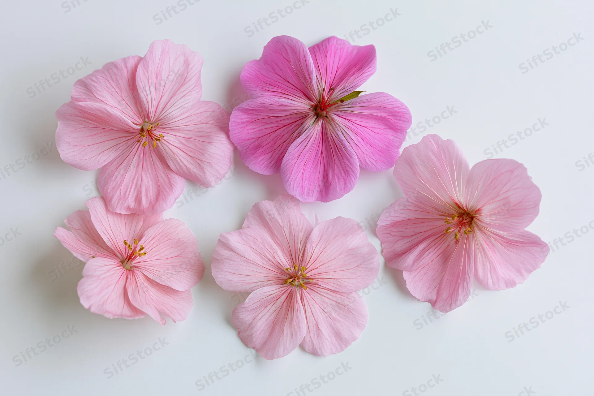 Five pink geranium flowers arranged in a flat lay on a white surface