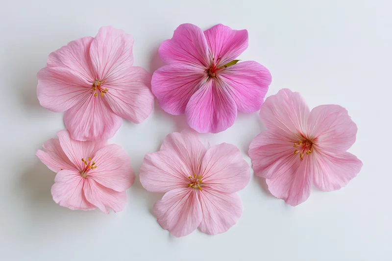 Five pink geranium flowers arranged in a flat lay on a white surface