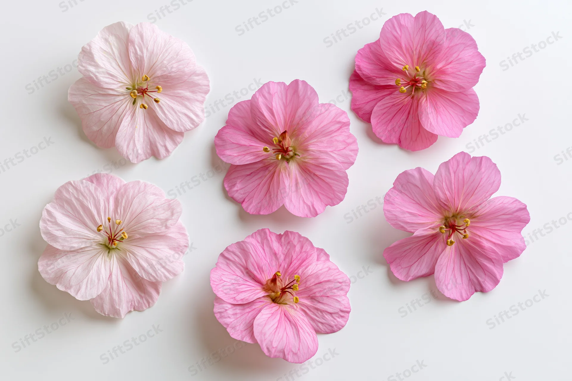 Five pink geranium flowers scattered on a white surface in a flat lay arrangement