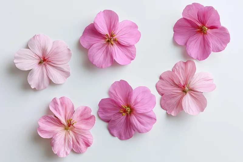 Five pink geranium flowers scattered on a white surface in a flat lay arrangement