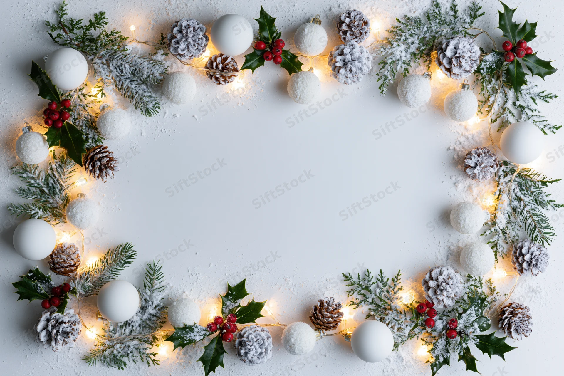 Christmas decoration border with pine, holly, berries, ornaments and lights on white surface