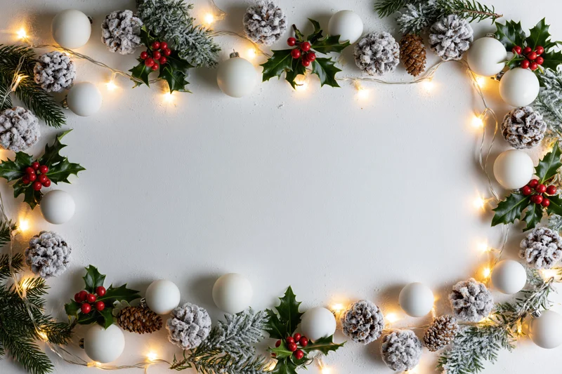 Christmas decoration border with pine, holly, berries, ornaments and lights arranged on white surface