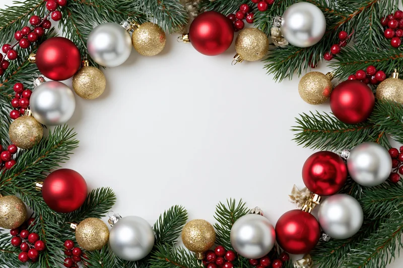 Fir branches and ornaments arranged in a border frame on white background with copyspace