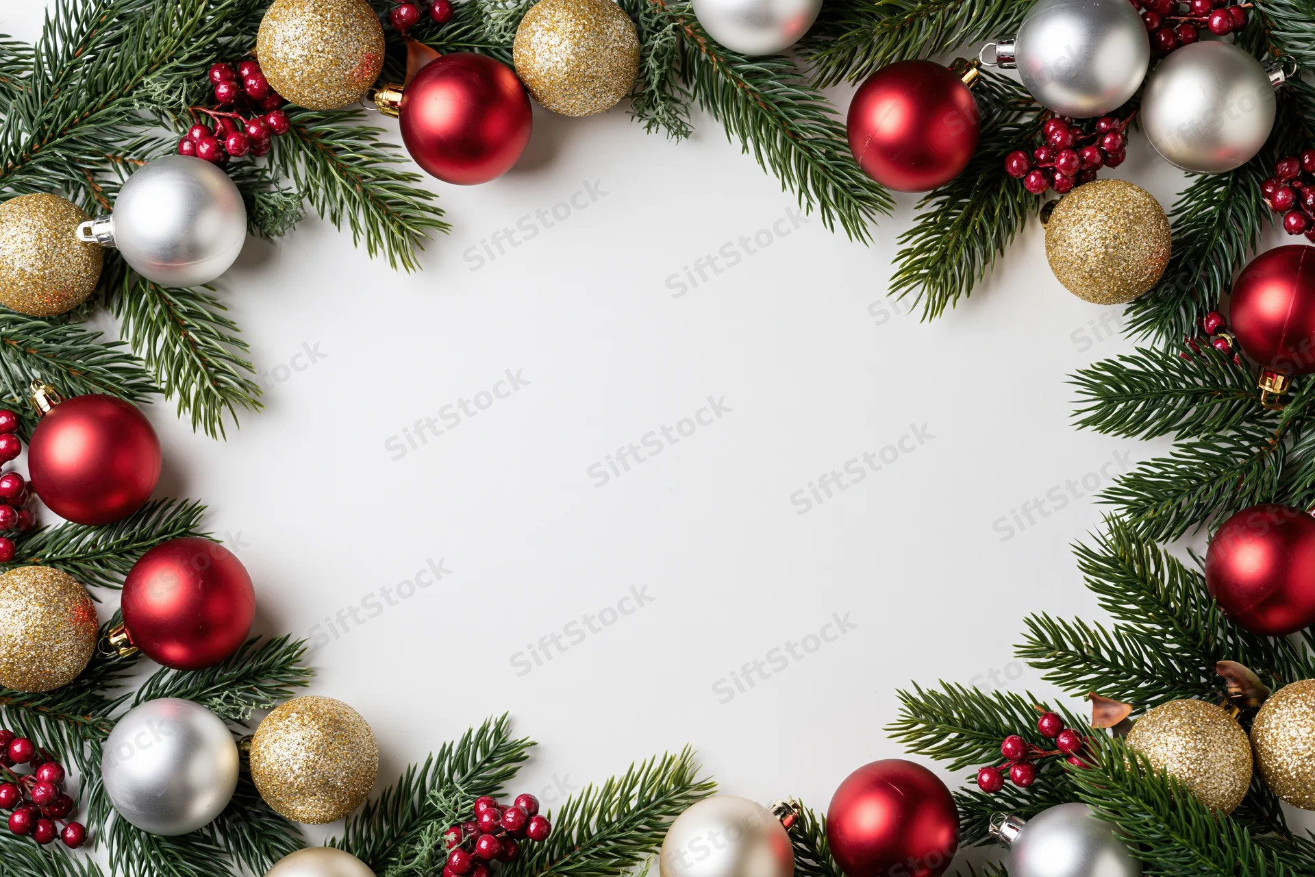 Christmas border frame made of fir branches and ornaments on white background with copyspace