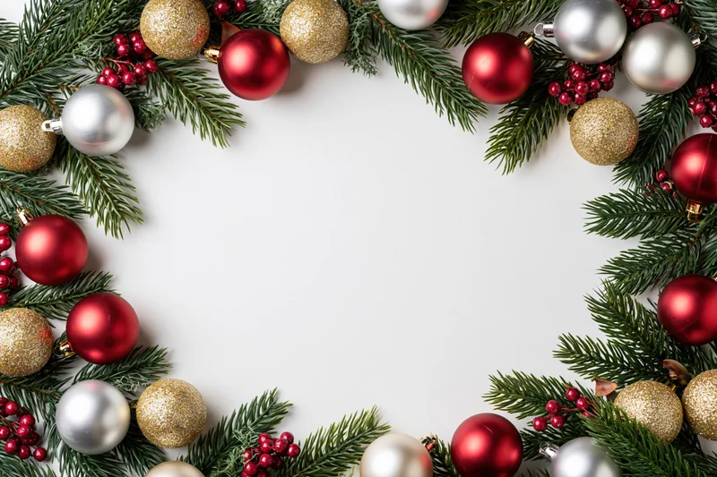 Christmas border frame made of fir branches and ornaments on white background with copyspace