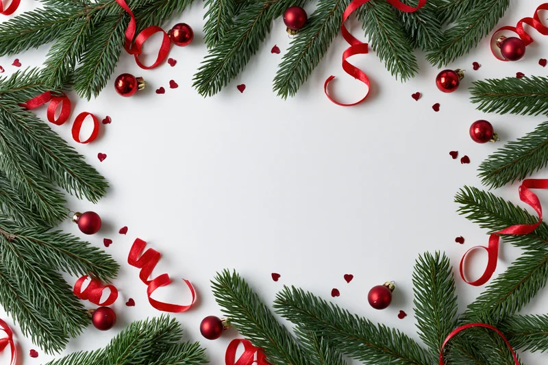 Christmas border frame made of fir branches and red ornaments on white background with copyspace