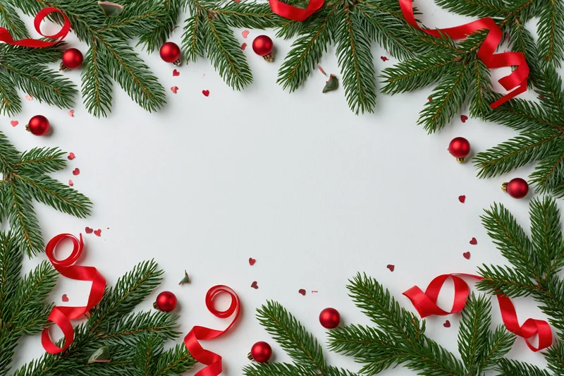 Christmas border frame made of fir branches and red ribbons on white background with copyspace
