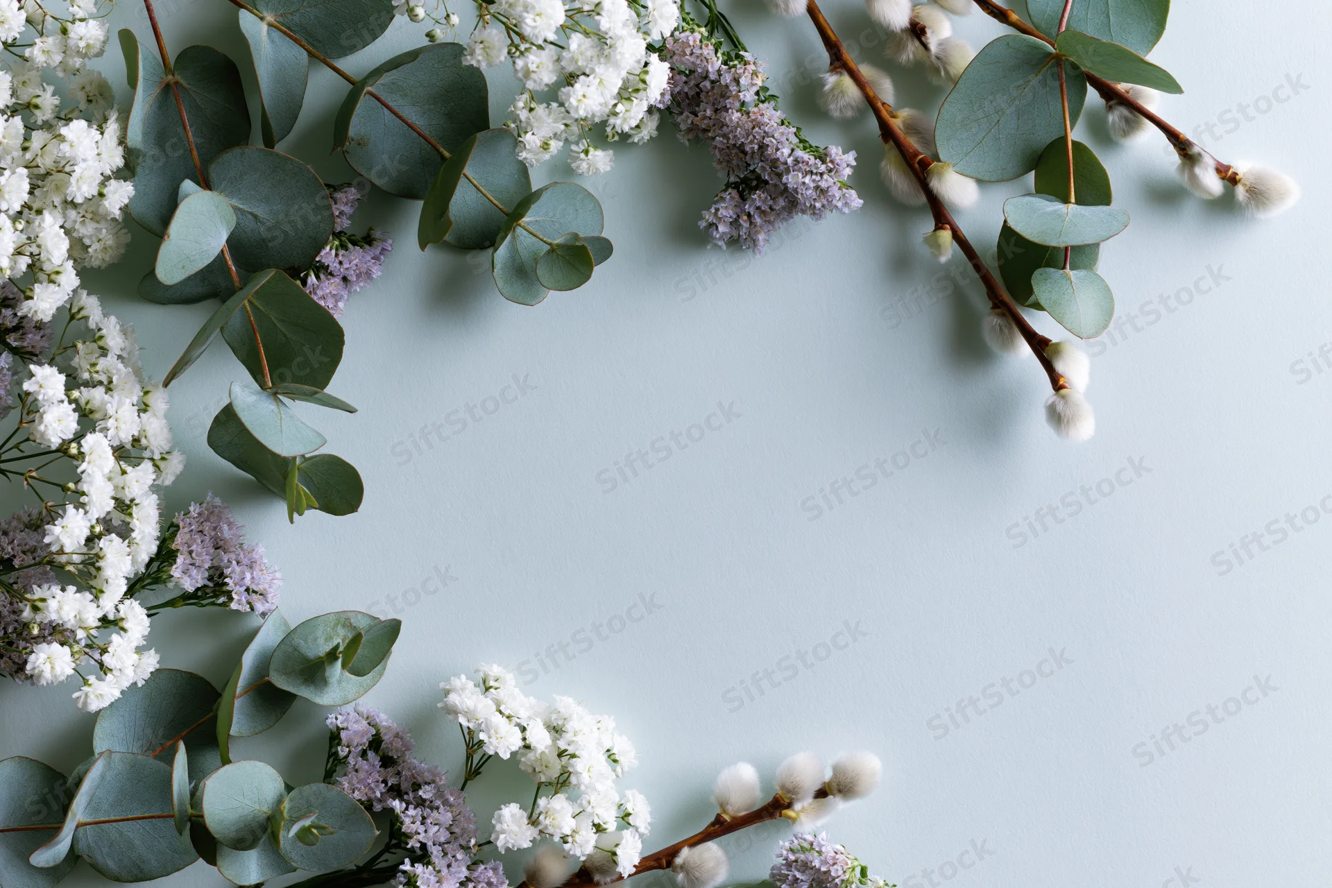 Eucalyptus and gypsophila arranged in a flat lay on a light blue surface with copyspace