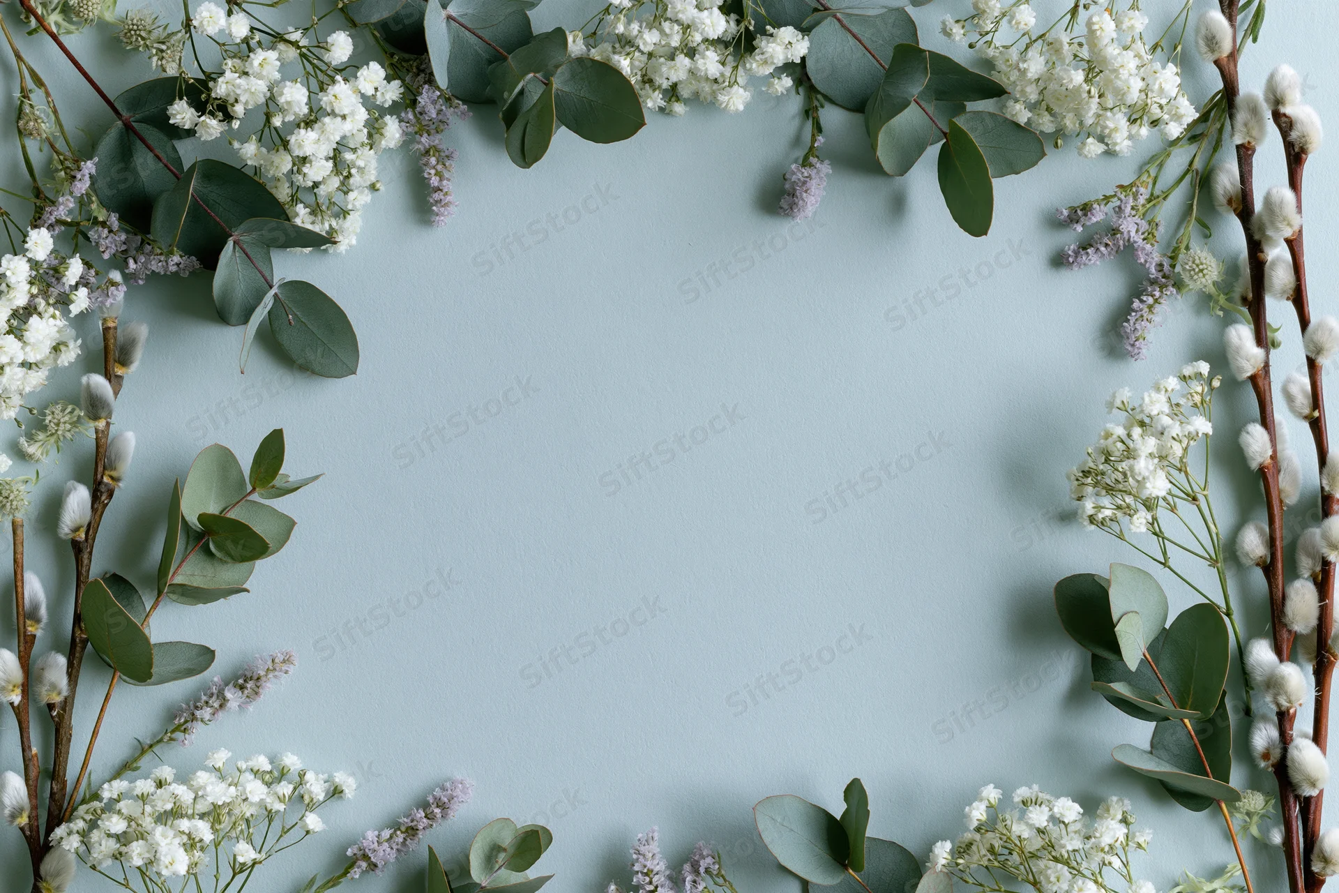 Eucalyptus and gypsophila sprigs arranged in a frame around a light blue surface with copyspace