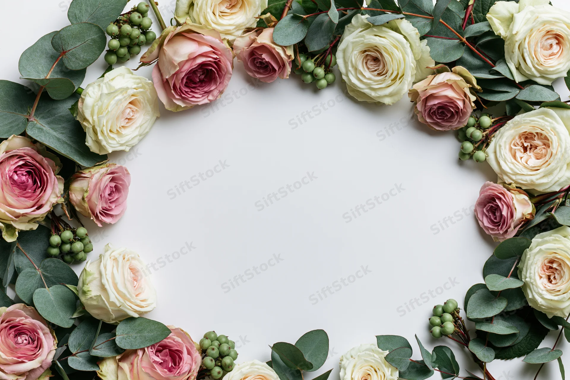 Floral arrangement of pink and cream roses with green eucalyptus forming a border frame on white background
