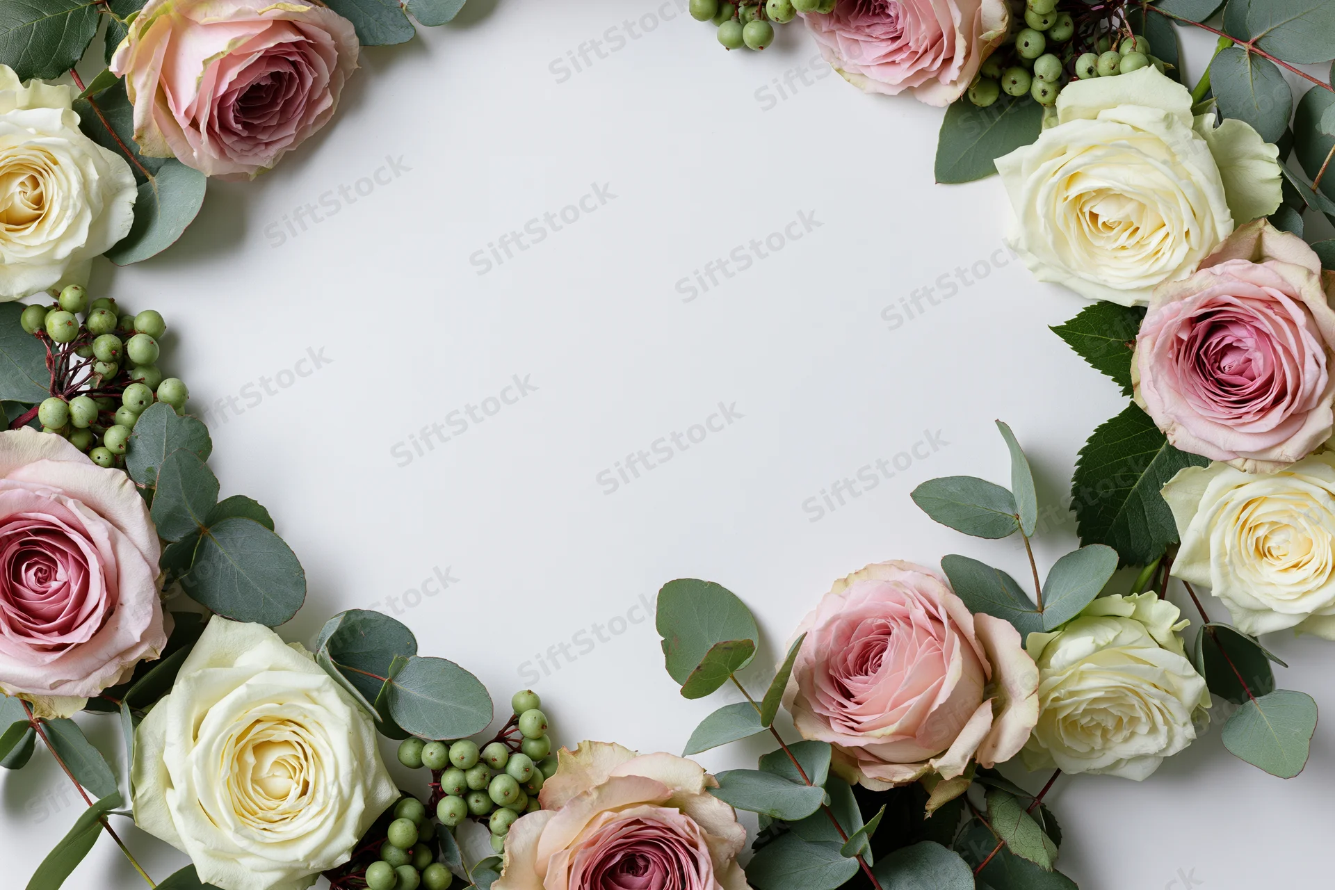 Flat lay floral border of pink and cream roses with green eucalyptus and berries on white background