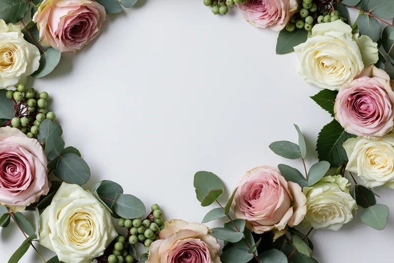 Flat lay floral border of pink and cream roses with green eucalyptus and berries on white background