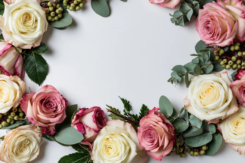 Pink and cream roses with green eucalyptus arranged in a flat lay border frame on white background