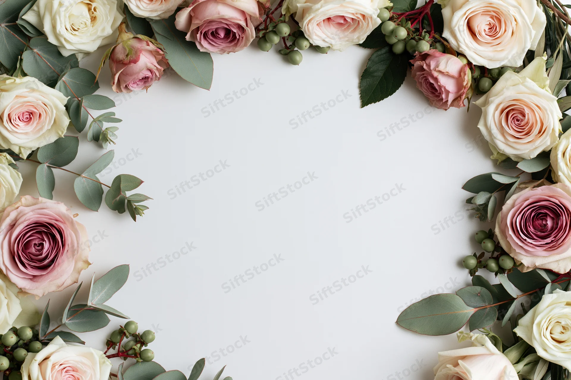 Flat lay floral border of pink and cream roses with eucalyptus leaves on white background