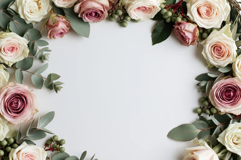 Flat lay floral border of pink and cream roses with eucalyptus leaves on white background