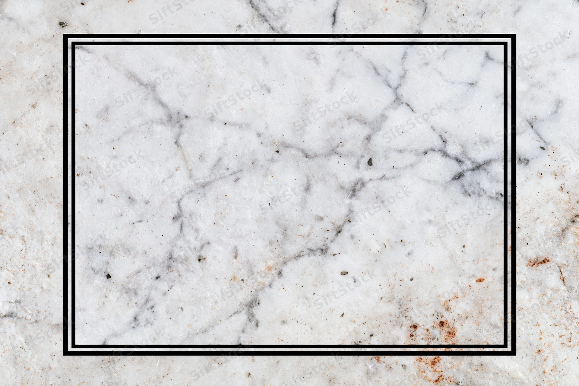 Aged white marble surface with grey veining and black rectangular frame