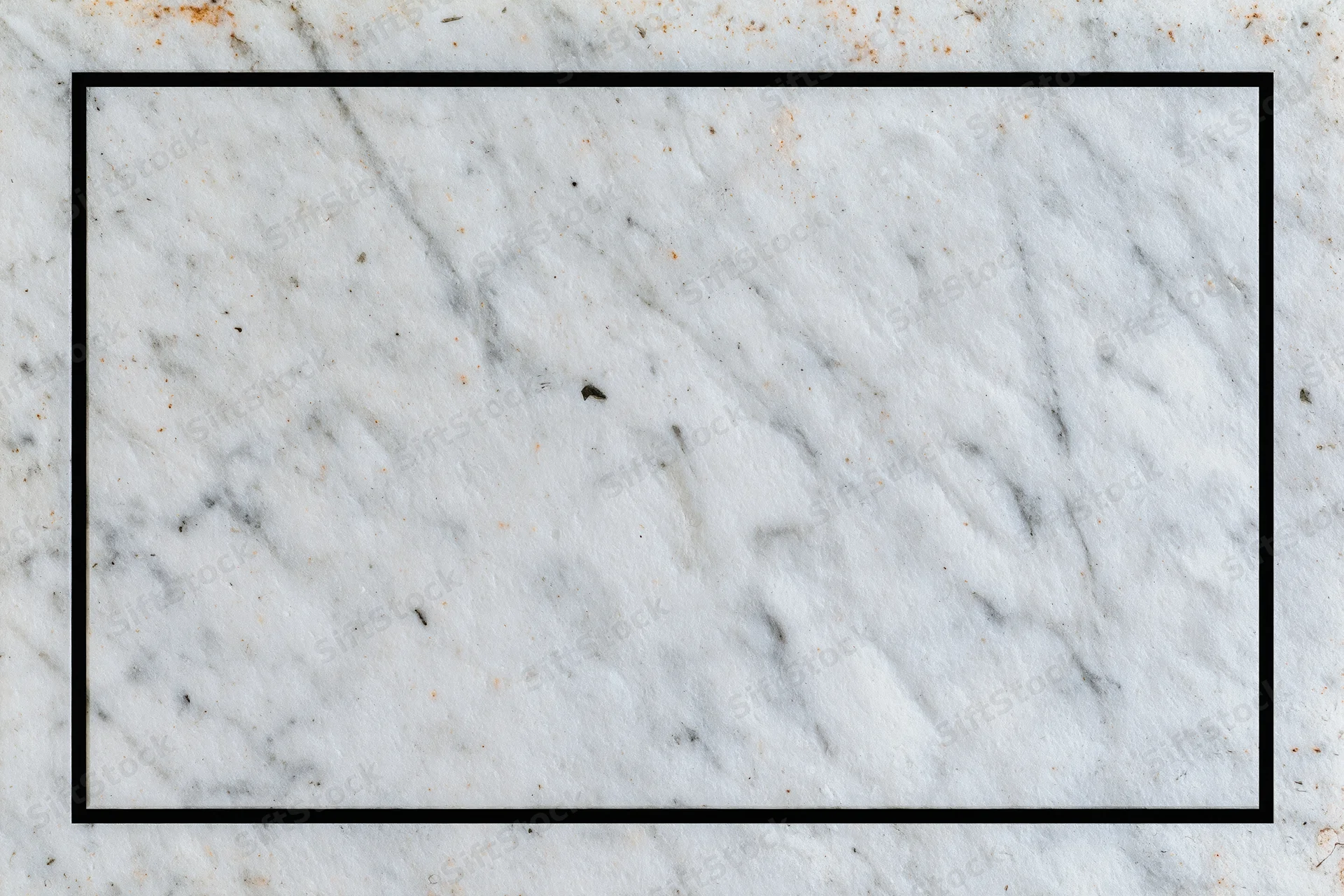 Aged white marble surface with grey veining and black border frame