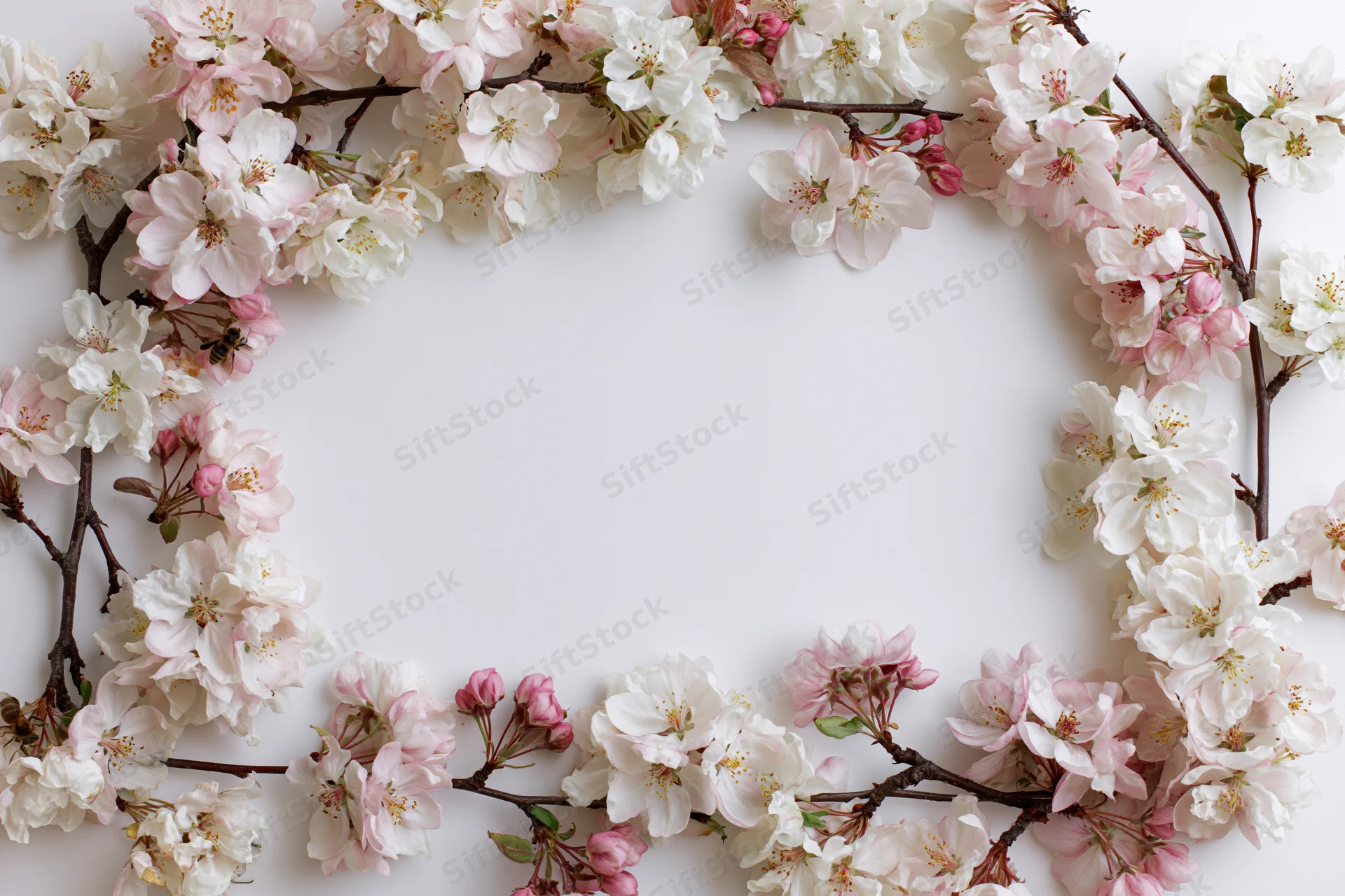 Cherry blossom branches arranged in a circular floral frame on white background with central copyspace