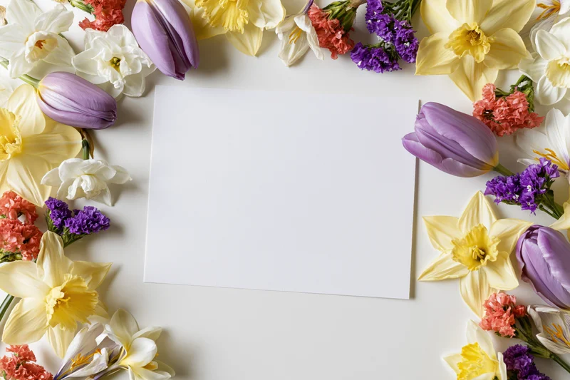 Blank white card centered on white surface surrounded by spring flowers in flat lay arrangement
