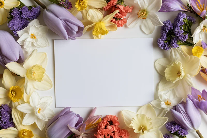 Blank white card centered on white surface surrounded by spring flowers in flat lay arrangement