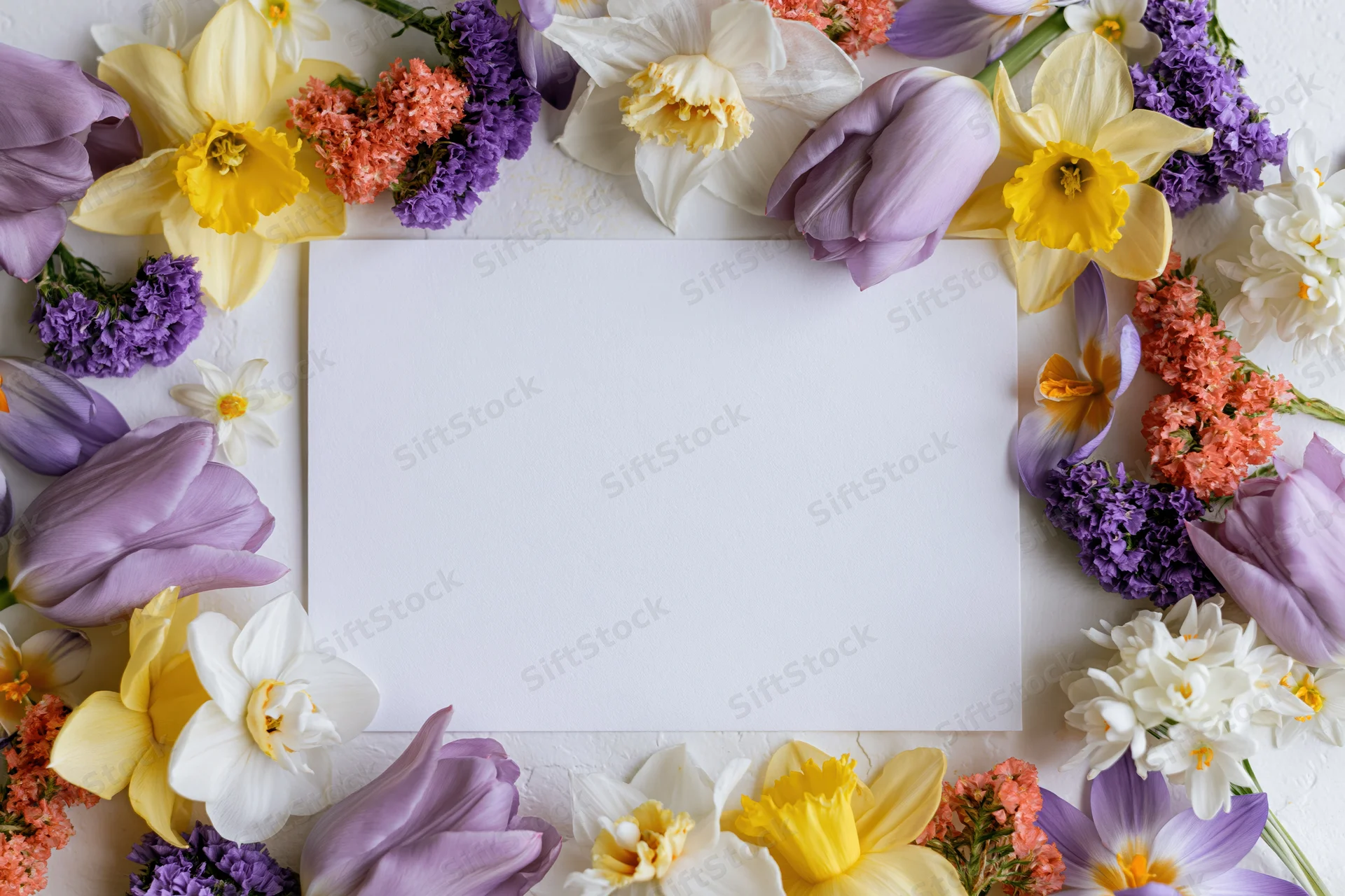 Blank white card surrounded by spring flowers arranged in a frame on a white surface
