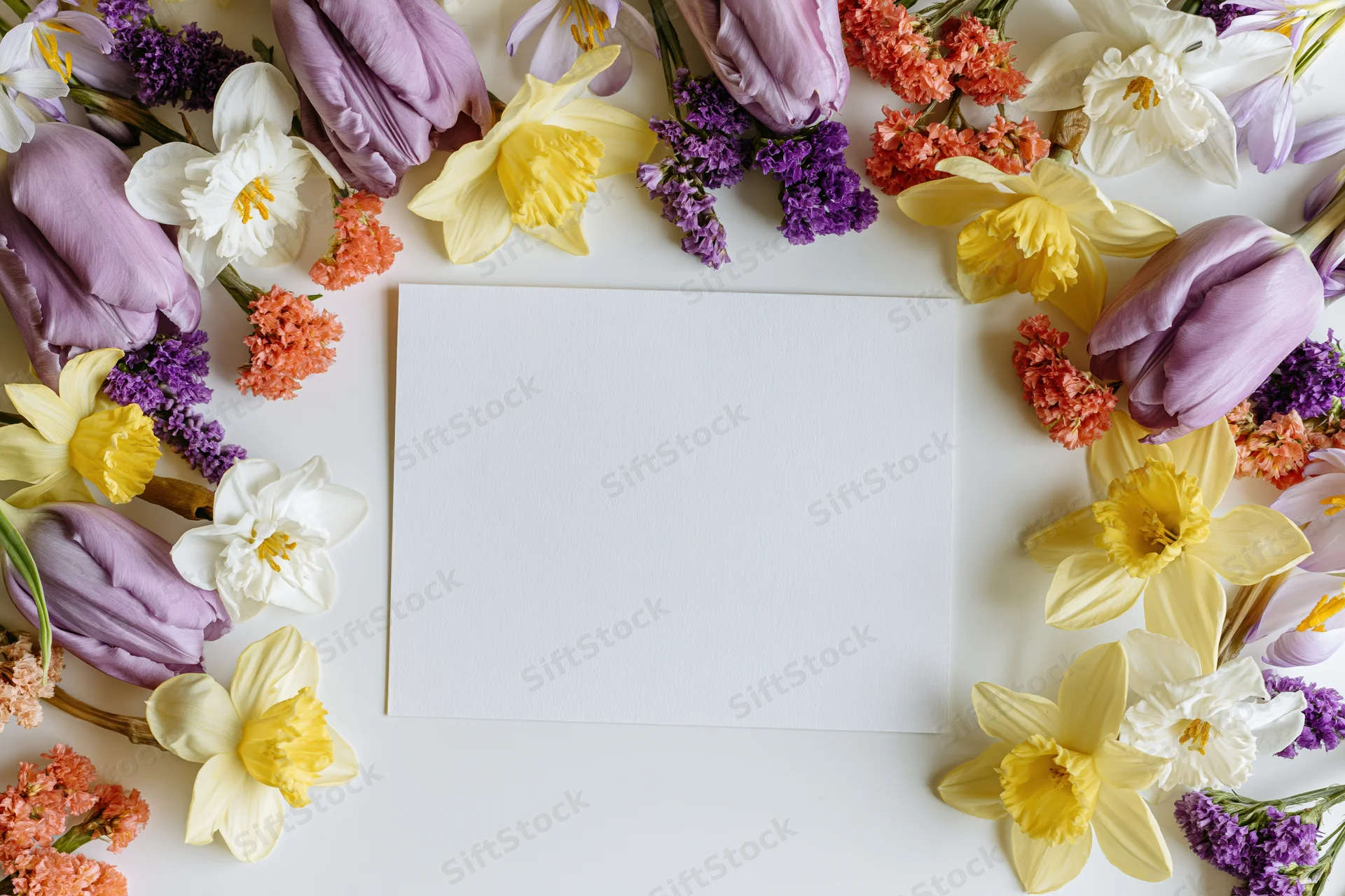 Blank white card surrounded by spring flowers arranged in a flat lay on white surface