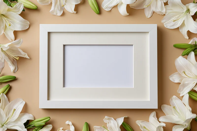 White picture frame with wide mat surrounded by white lilies on beige surface