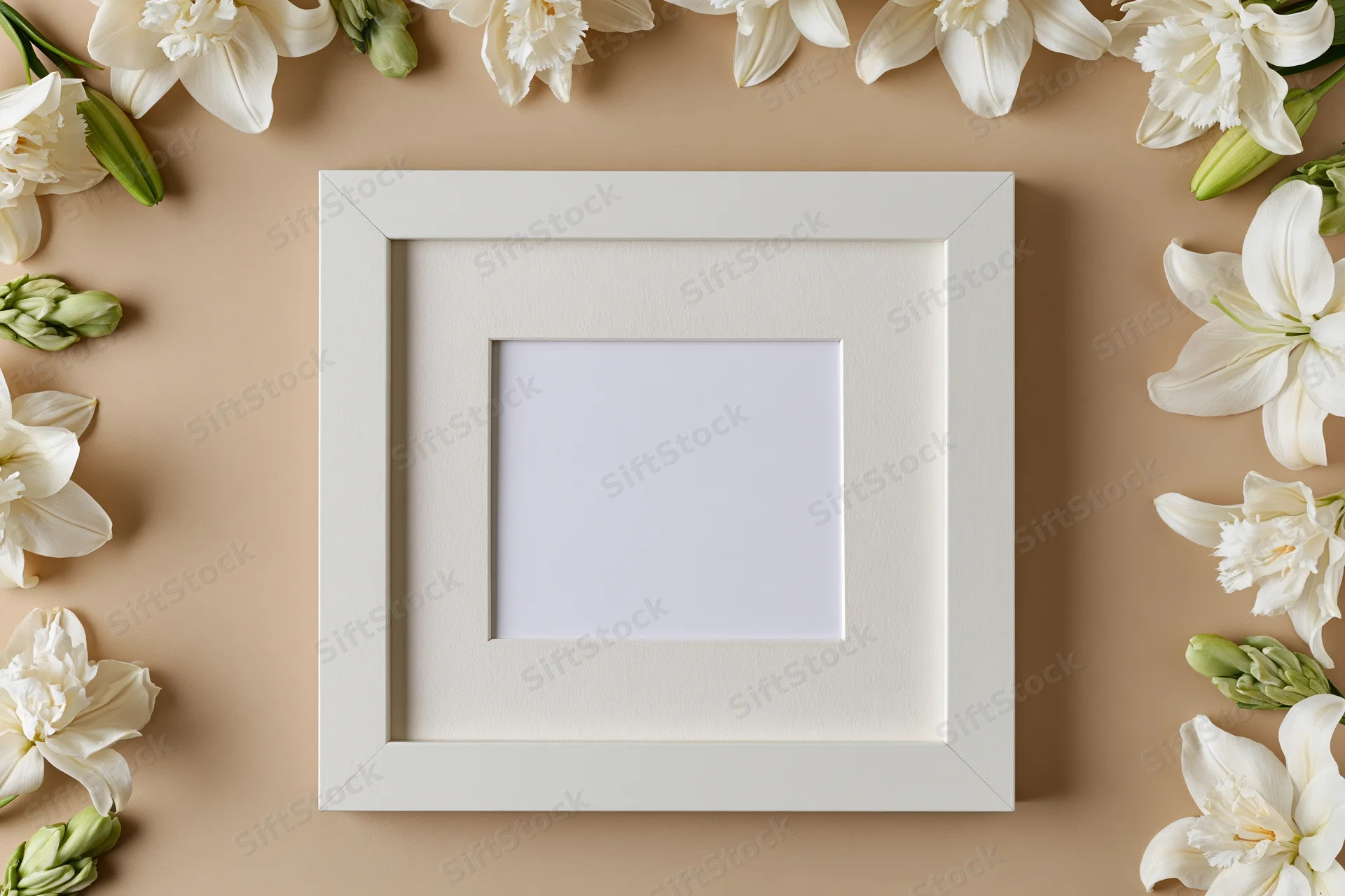 White picture frame with wide mat border surrounded by white lilies on beige surface