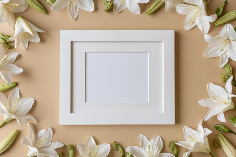 White picture frame with wide mat border surrounded by white lilies on beige surface