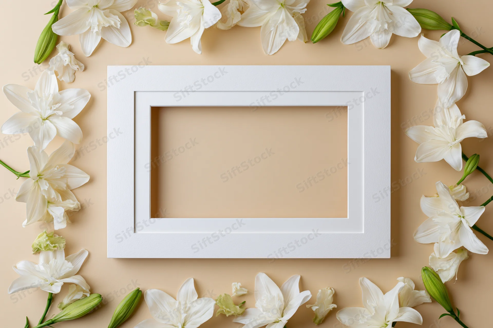 White picture frame with wide mat border surrounded by white lilies on beige background