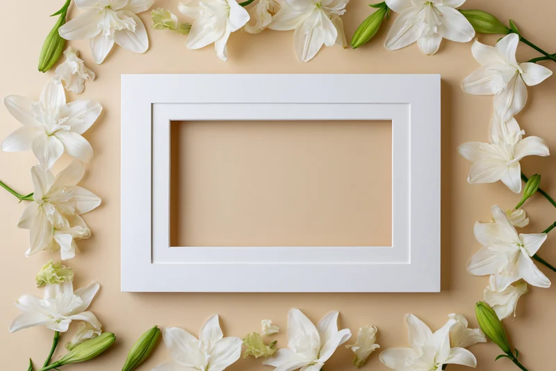 White picture frame with wide mat border surrounded by white lilies on beige background