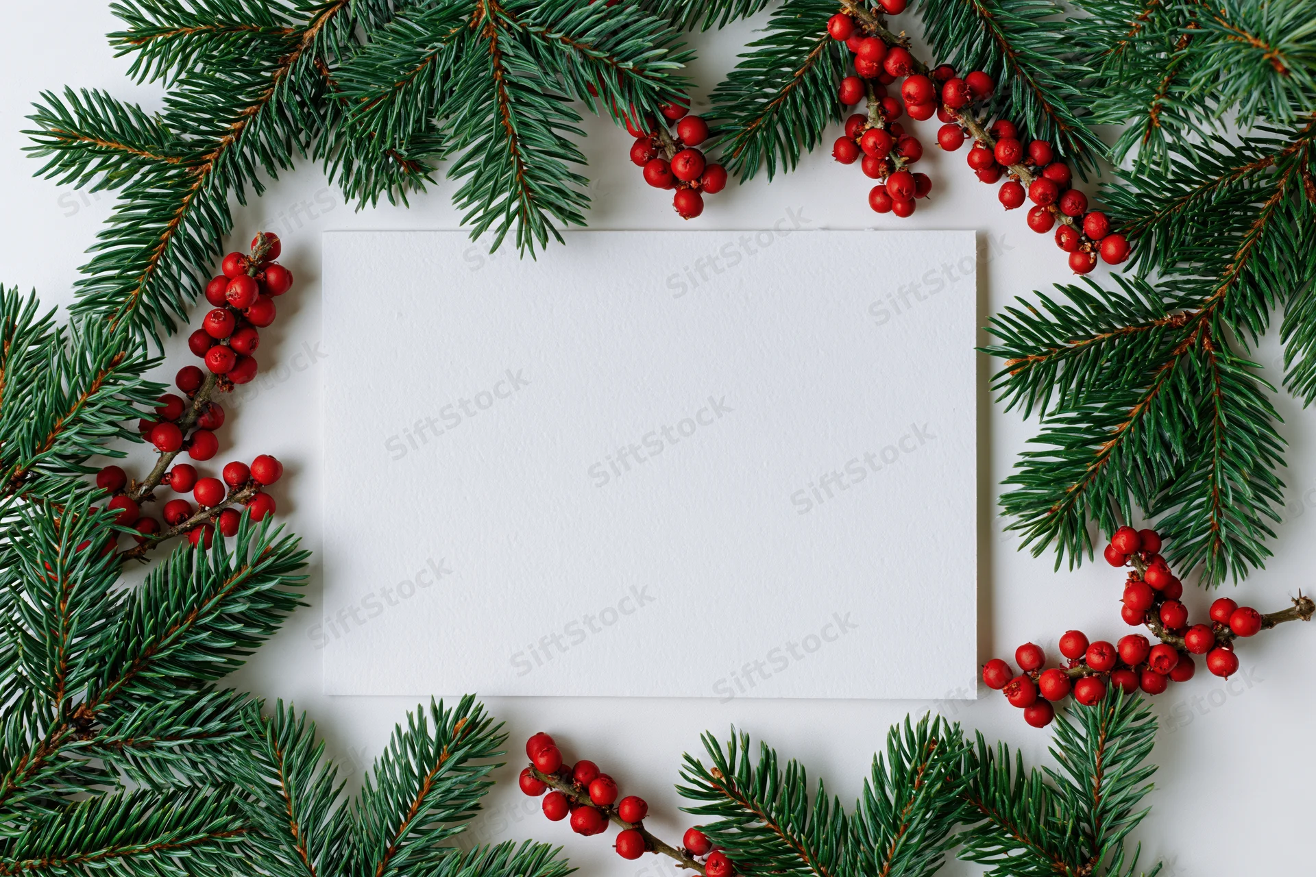 Blank white card surrounded by pine branches and red berries in a flat lay arrangement