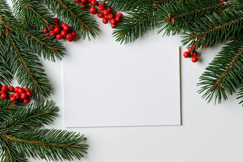 Blank white card surrounded by pine branches and red berries on white surface
