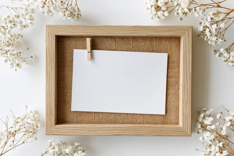 Wooden frame with burlap backing holding blank white paper clipped in center, surrounded by dried baby's-breath flowers on white surface