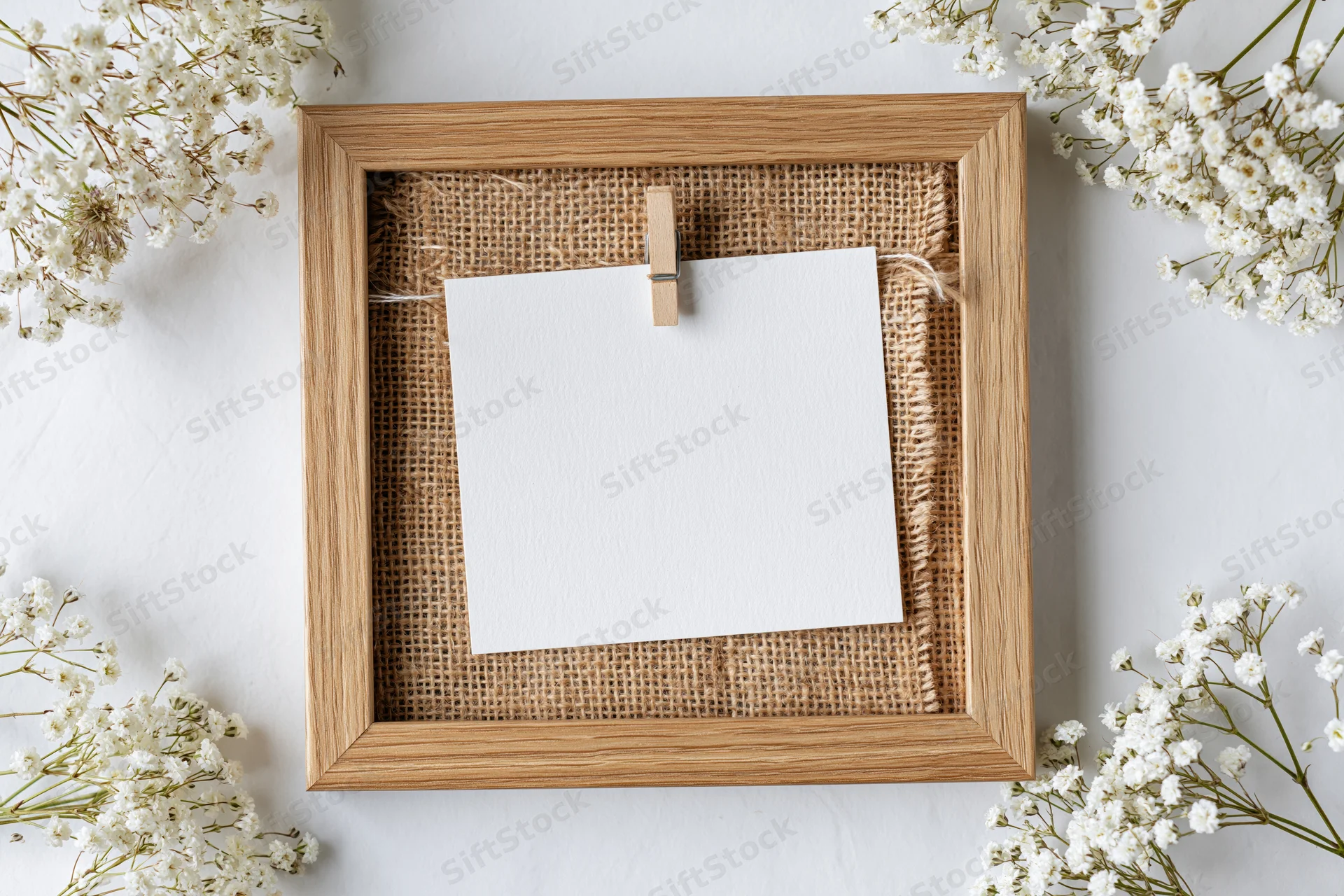 Wooden frame with burlap backing holding blank white card clipped inside, surrounded by baby's-breath flowers on white surface