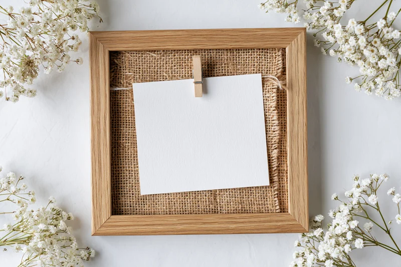Wooden frame with burlap backing holding blank white card clipped inside, surrounded by baby's-breath flowers on white surface