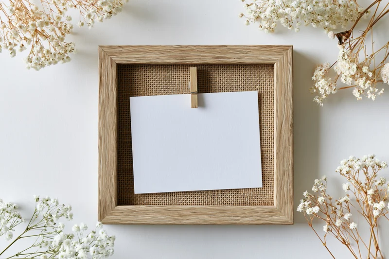 Wooden shadow box frame with blank paper clipped to burlap backing surrounded by dried gypsophila flowers in flat lay arrangement