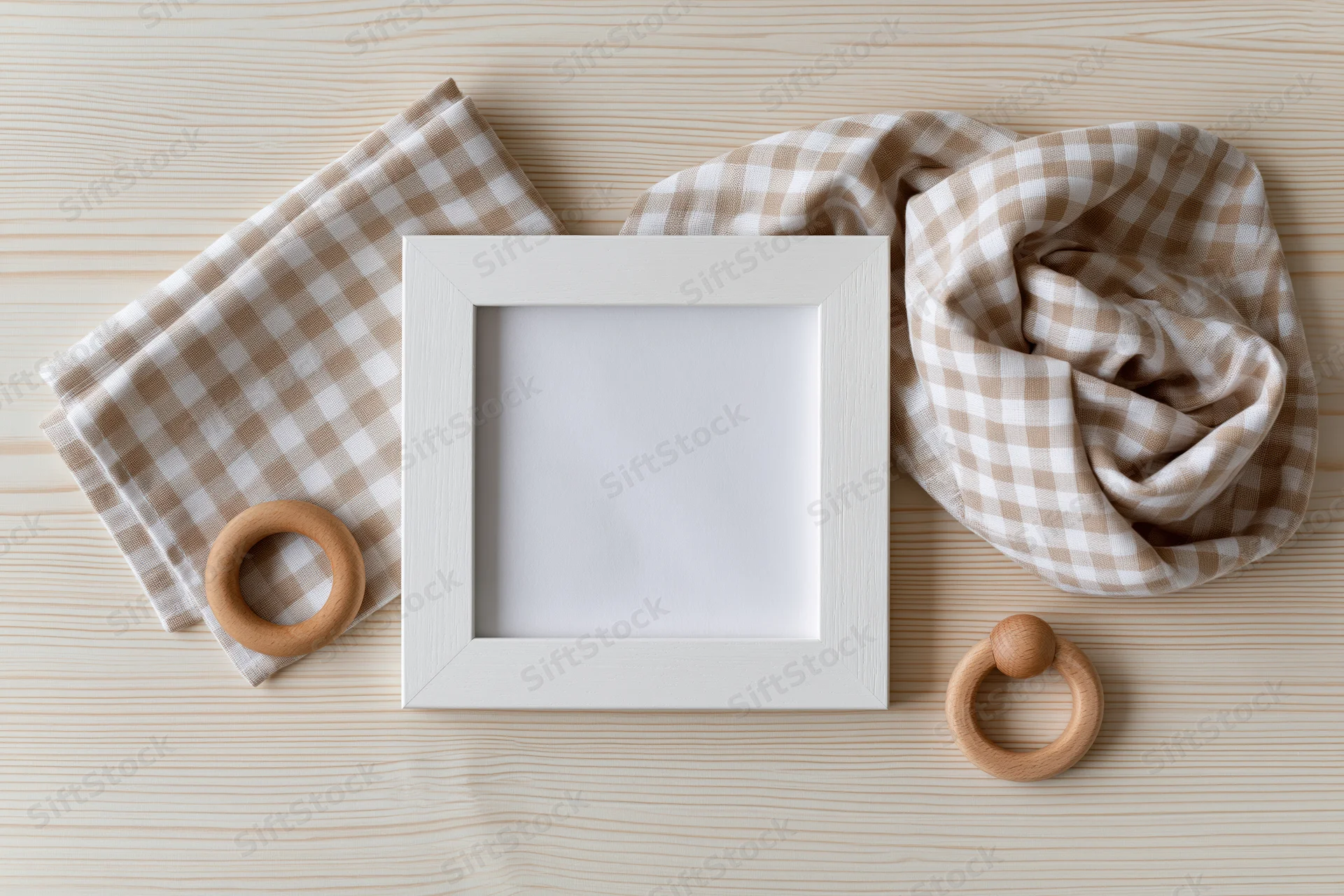 White wooden frame with blank interior on light wood surface surrounded by checkered cloth and wooden baby teethers