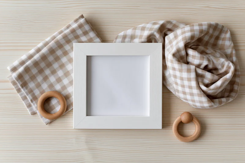 Flat lay of a white wooden picture frame with blank white insert