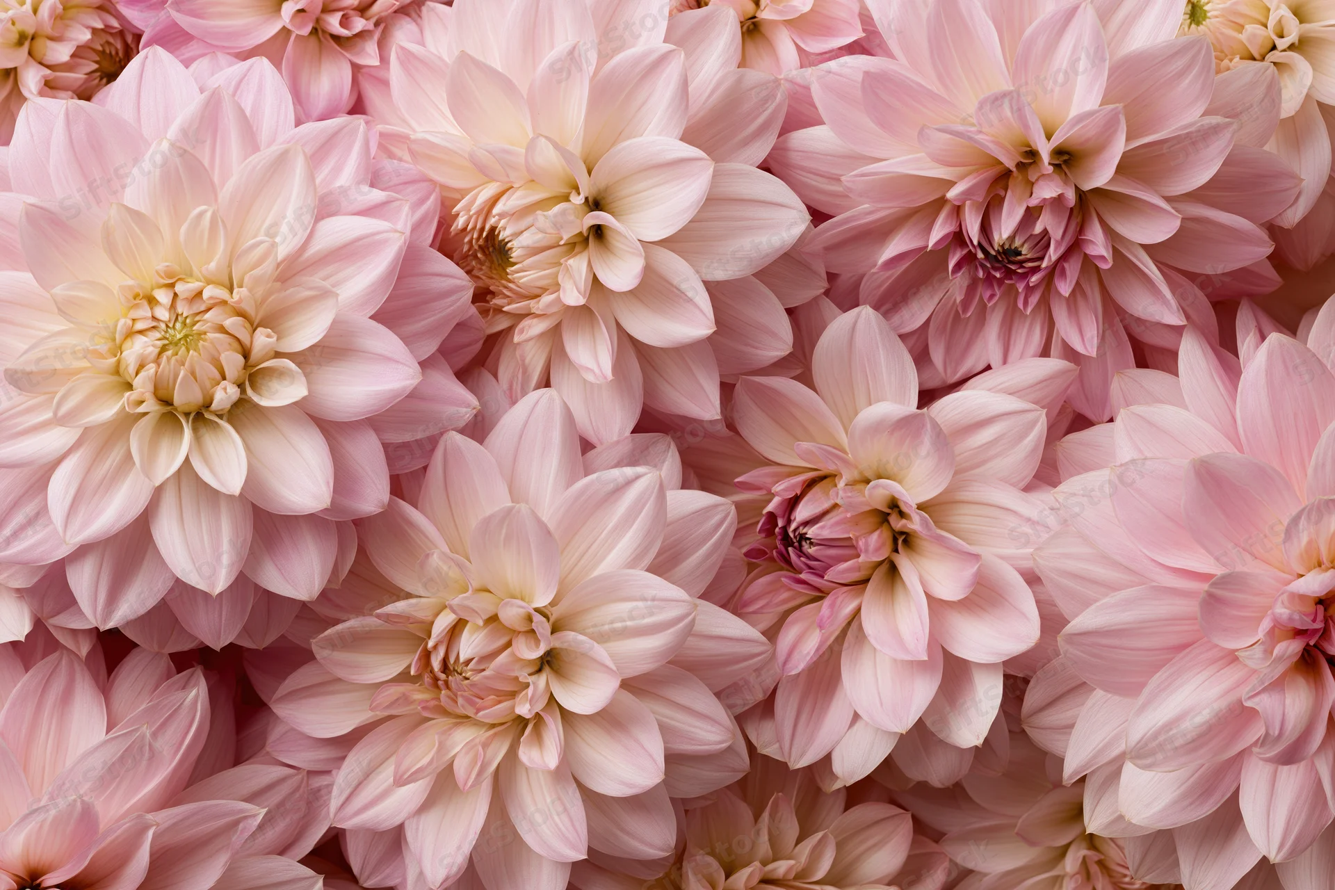 Dense flat lay of pale pink dahlia blooms filling the frame