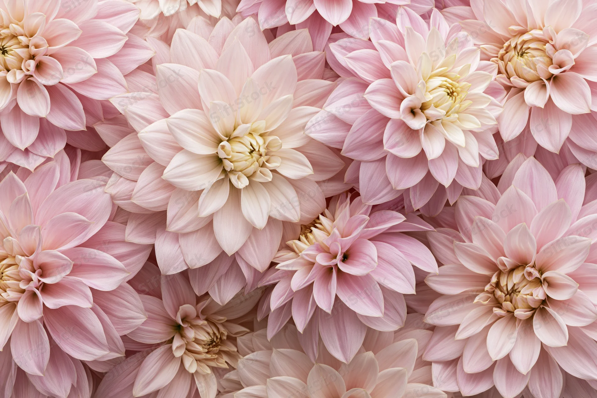 Dense flat lay of pale pink dahlia blooms filling the frame