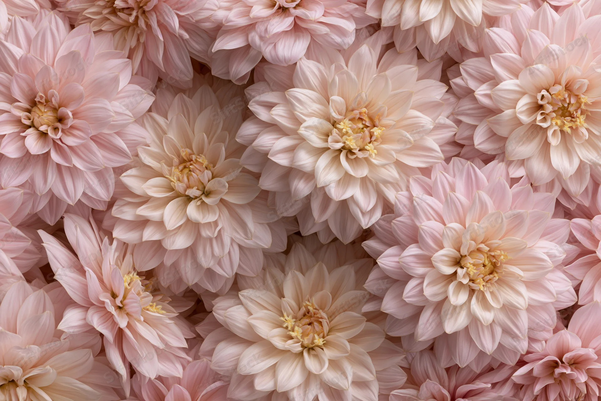 Dense flat lay of pale pink dahlia blooms arranged in overlapping layers