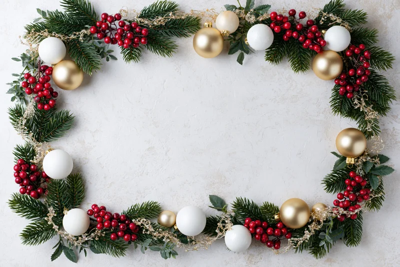 Circular christmas wreath made of pine branches, red berries, and gold and white ornaments arranged on white surface with copyspace